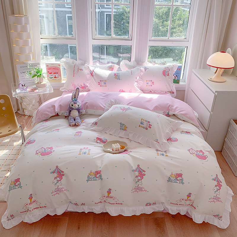三丽鸥纯棉花边款四件套全棉公主风卡通HelloKitty床单被套床裙款|undefined