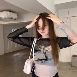 现H2025秋季新款韩国东大门设计感水墨画网纱长袖T恤防晒罩衫上衣