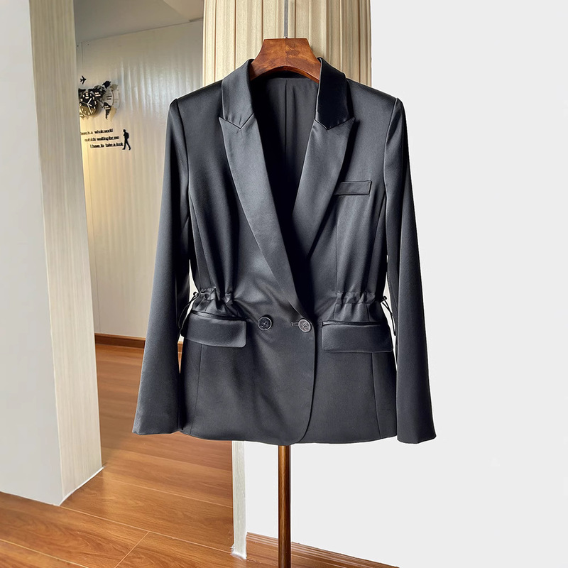 Acetic Acid Satin Suit Jacket Women's 2025 Spring New Design Sense Fashion Drawstring Waistline Slim-fit Single Western Top