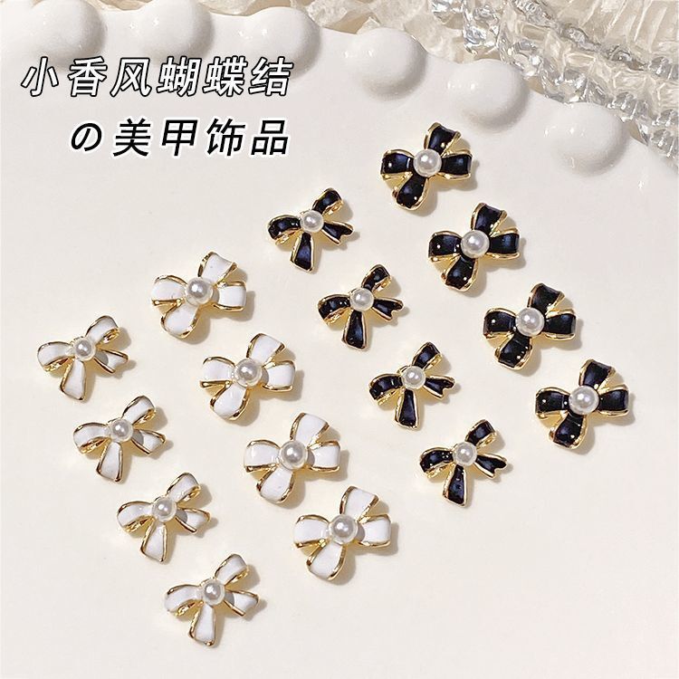 Internet Celebrity New Style Small Fragrance Nail Art Alloy Jewelry Dripping Oil Pearl Bow Black and White Simple French Nail Decoration