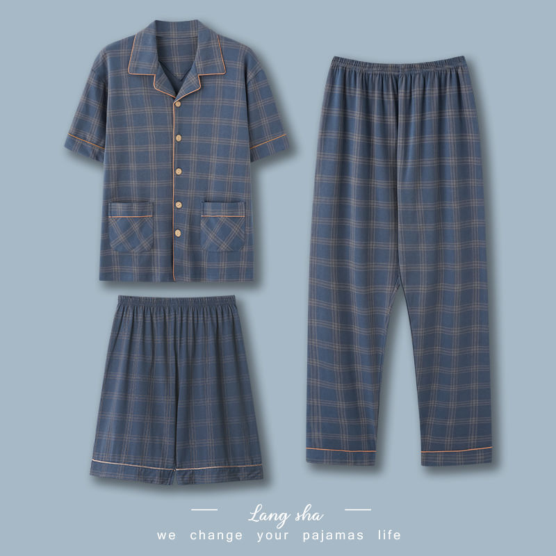 Pajamas de tres piezas para hombres de verano algodón de manga corta pantalones largos delgados de dibujos animados de verano ropa para el hogar grande