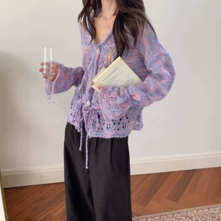 法式气质御姐风V领镂空马海毛彩纱长袖针织开衫女早秋新款女上衣