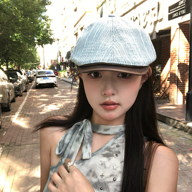 日系复古条纹拼色牛仔前进帽女夏季百搭显脸小贝雷帽报童画家帽子|undefined