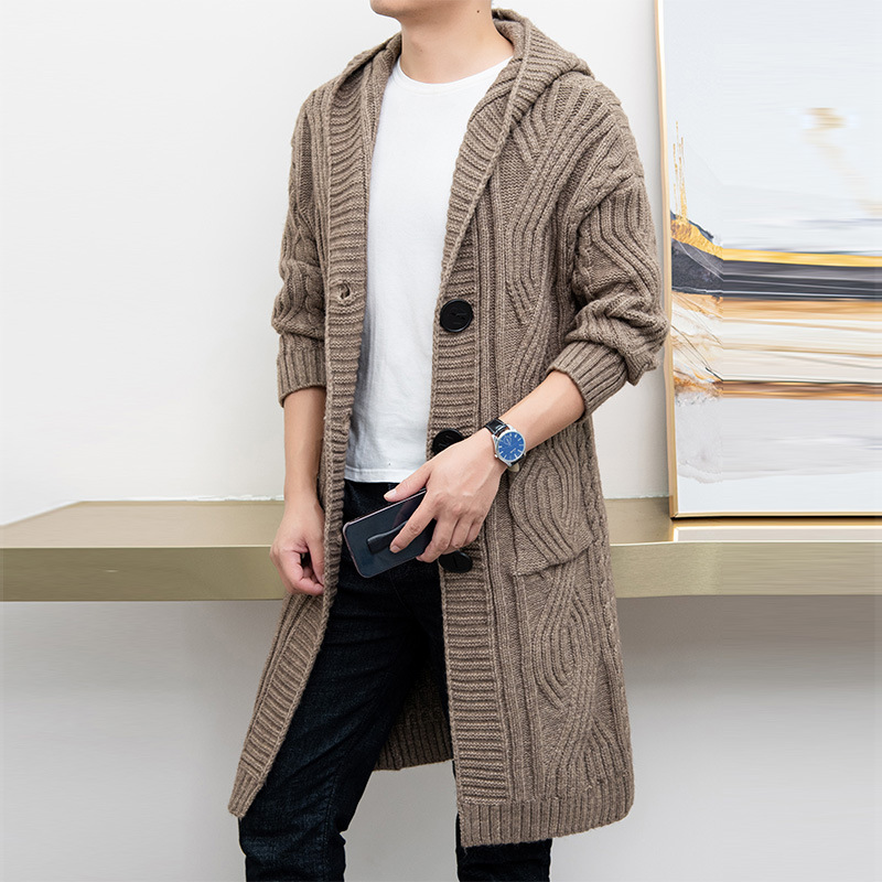 Suéter con capucha cardigan hombres de longitud media trenzado grueso suéter abrigo Primavera, Otoño e Invierno moda abrigo de los hombres de moda