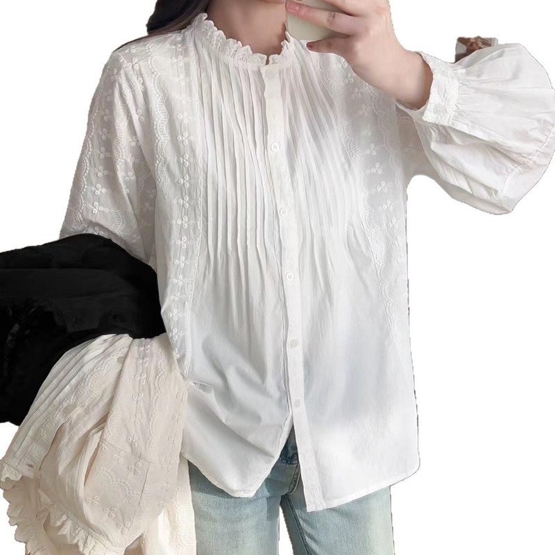 绣花白衬衫女长袖春秋女装新款设计感风琴褶上衣木耳领衬衣|undefined