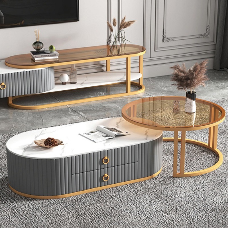 Mesa de té personalizada sala de estar casera de lujo ligera gabinete de televisión de vidrio moderno mesa de té de pequeño tipo de casa combinación simple de tabla de roca italiana