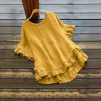 Летняя новая модель большого размера повседневная свободная хлопчатобумажная льна сплошной цвет футболка с короткими рукавами ватная льна женская одежда