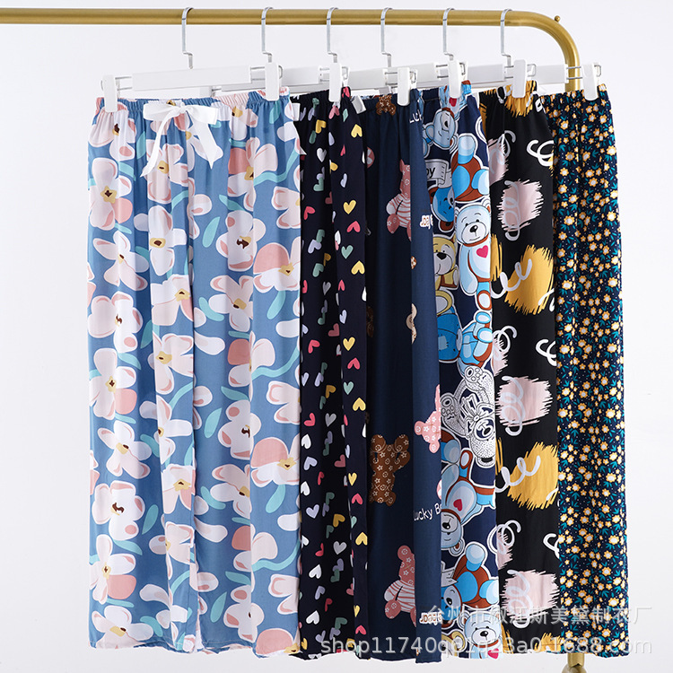 New Cotton Silk Summer Women's Pajama Pants, Thin Long Pants, Large Size, Printed, Loose Wide-Leg Pants, Casual, Suitable for Pregnant Women to Wear Outside