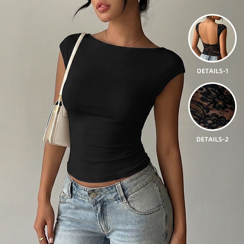 Amazon European and American Cross-Border Short-Sleeved Tops for Women 2026 Summer New Style Backless Spliced ​​Lace Knitted Slim Fit T-Shirt