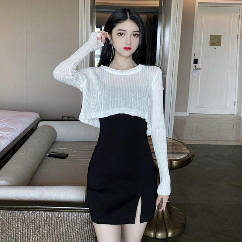 纯欲辣妹秋装薄款针织防晒罩衫女夏独特收腰显瘦吊带连衣裙两件套|undefined