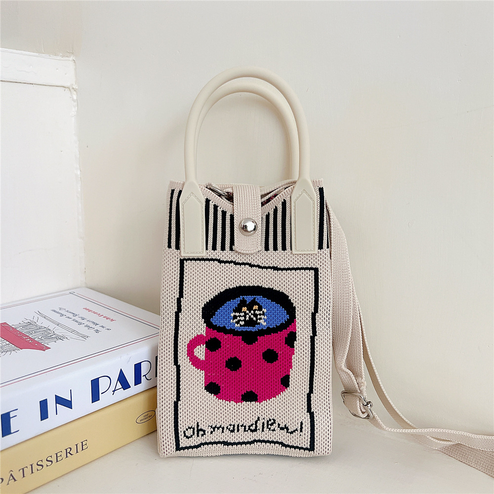 108g Weight Polyester Lining Material Buckle Closure Type Top Handle Strap Type Handbag Bags Type Casual, Daily Occasion Knit Material Cat Pattern All Seasons Season Women's Gender Vintage Style, Classic Style Style Bucket Shape Small Size Women's Small Knit Cat Vintage Style Classic Style Bucket Buckle Handbag 31