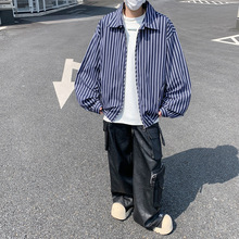 韩版复古vintage设计感拉链条纹衬衫外套男生休闲宽松廓形上衣ins