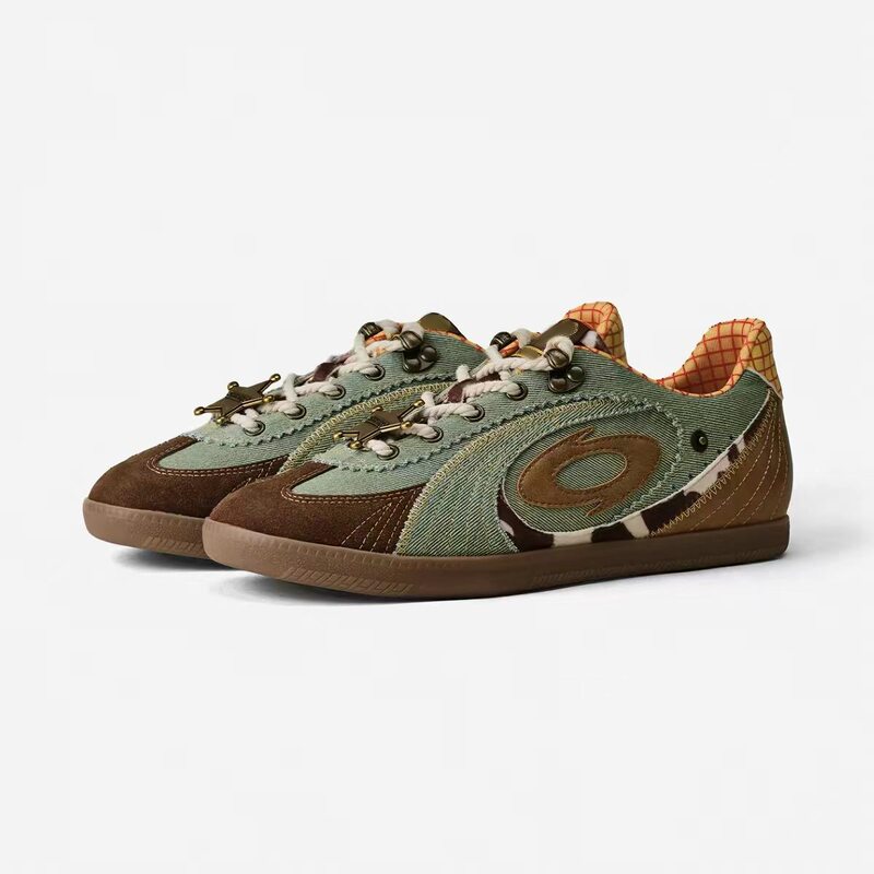 2026 Autumn Green Color-Block Sporty Casual Turbine German Trainer Shoes Round Toe Lace-Up Shallow Mouth New Trendy Women's Shoes