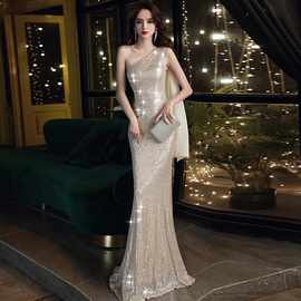 鱼尾晚礼服女2024新款名媛宴会气场女王连衣裙优雅年会主持人礼服