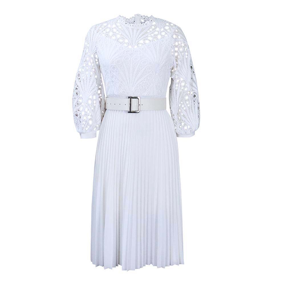 Women'S Gender Patchwork, Lace Design Elegant Style Wholesale Women'S Elegant Patchwork Lace Solid Color Daily Round Neck 3/4 Length Sleeve Pleated Skirt