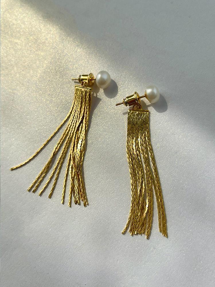 1 Pair Simple Style Tassel Metal Plating Artificial Pearls Women's Drop Earrings display picture 8