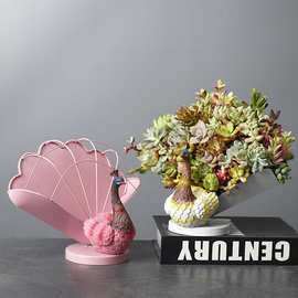 跨境创意铁艺树脂多肉花盆孔雀动物花架园艺杂货摆件家居装饰品