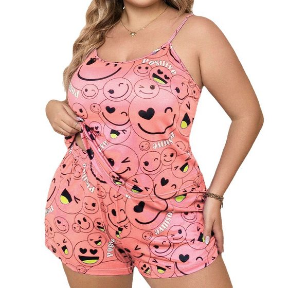 Temu Specializes in Summer Women's Home Clothes Q Version Cartoon Smiling Face Pattern Suspender Shorts Casual Loose Pajamas