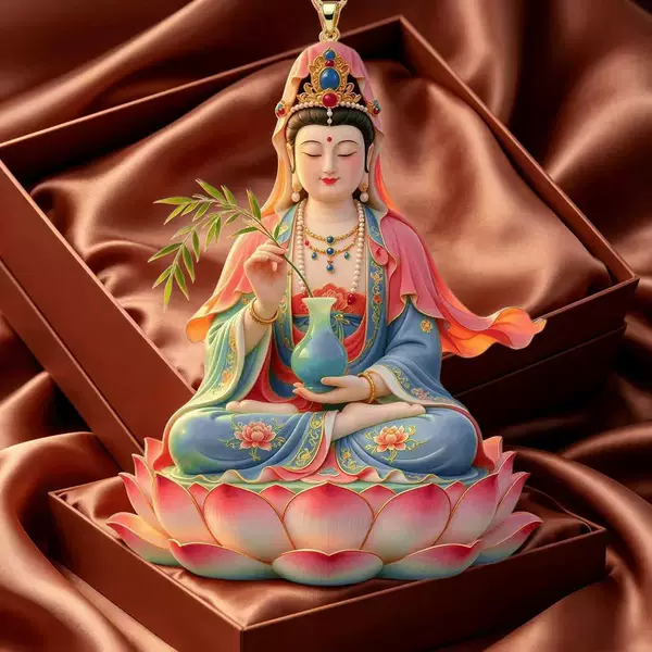 Alloy Painted Lotus-Sitting Guanyin Bodhisattva Buddha Statue Craft Guanyin Worship Necklace