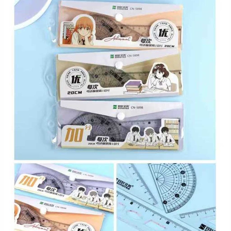 漫画かわいい定規セット 4 ピース小学生文具セット学用品定規三角板分度器卸売|undefined