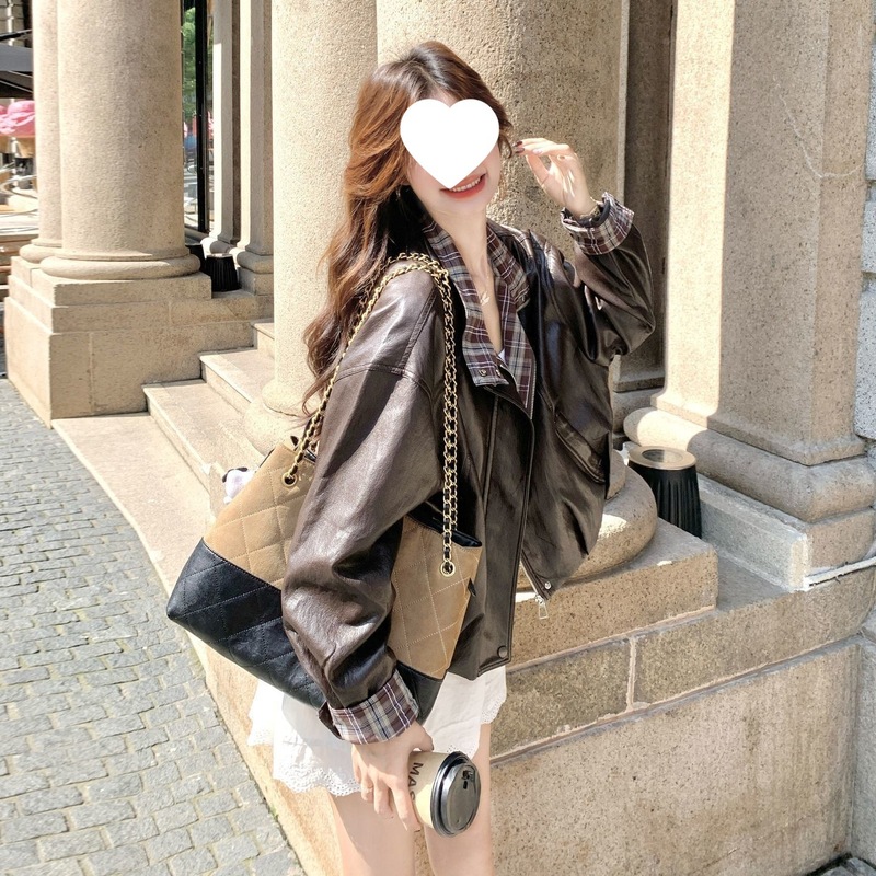 短款格子拼接洋气皮衣外套女2025秋季新款小个子复古机车夹克上衣|undefined