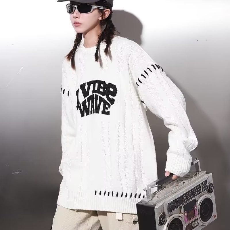 Trendy Feel Lonely National Tide diseño original sentido alfabeto bordado correas torcido cuello redondo suéter de nicho hombre