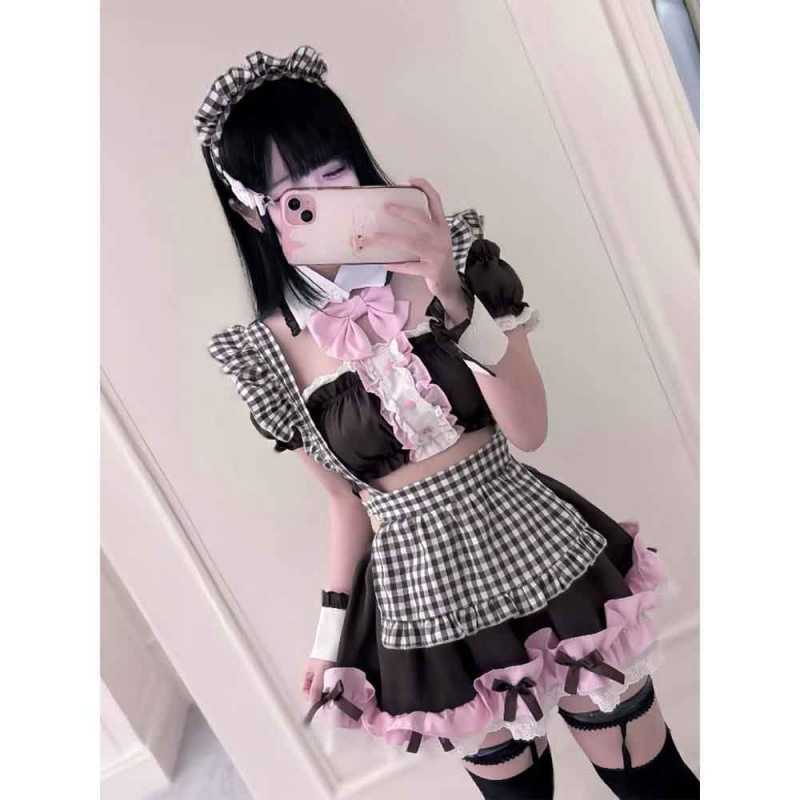 純粋な欲望甘くてかわいい女の子cos制服レースリボンチューブトップサスペンダースカートチェック柄スカートスーツ|undefined