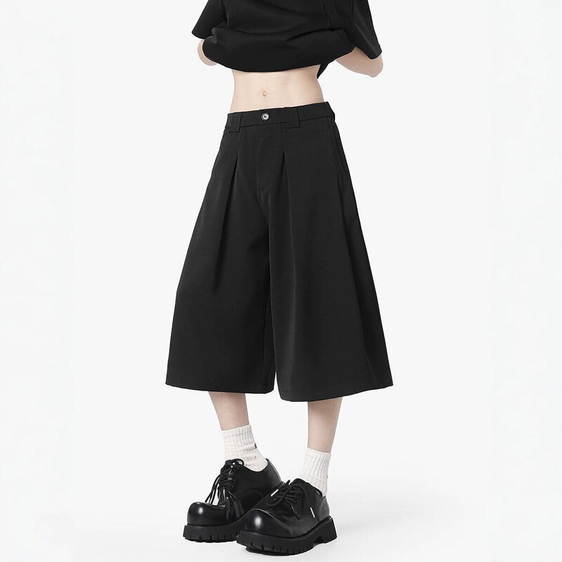 Black Cool-Touch Cropped Trousers for Men, Trendy Brand, Summer Thin Style, Loose Fit, High-End Feel, Pleated Straight Wide-Leg Casual Shorts Black Cool-Touch Cropped Trousers for Men, Trendy Brand, Summer Thin Style, Loose Fit, High-End Feel, Pleated Straight Wide-Leg Casual Shorts