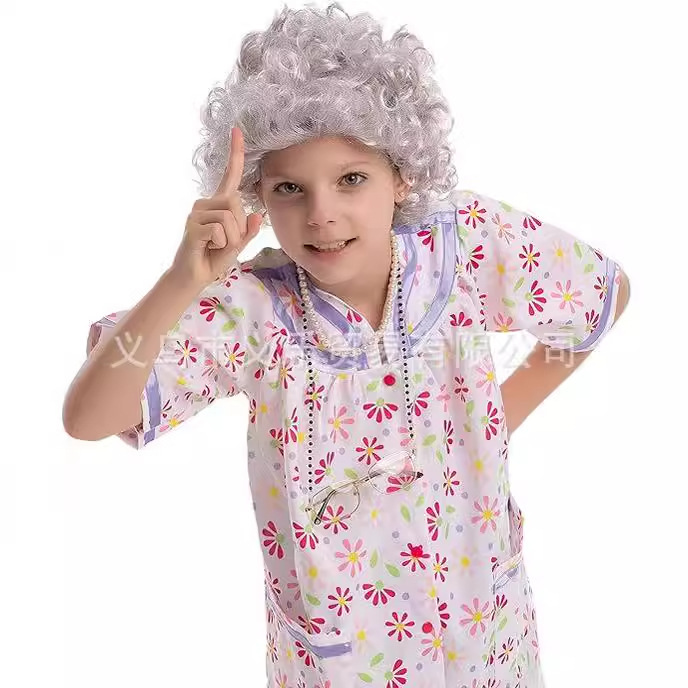 100 days of school stage performance dress up COS wig grandma old lady grandpa beard eyebrow cane