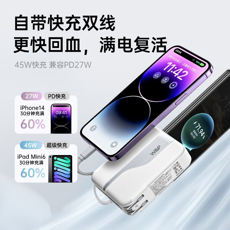 W&P礼品团购充电宝45W快充自带线AC插头三合一携带上飞机高铁通用|undefined