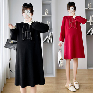 Real shot pregnant women's sweater winter clothing dress mid-length loose autumn and winter New 2022 winter knitted nursing skirt