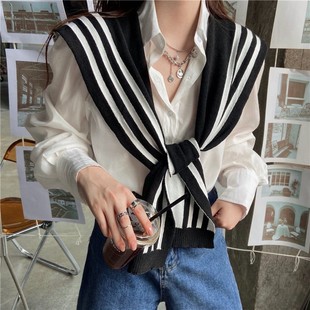 Striped Double-Sided Small Knitted Scarf for Women, Thin Shoulder-Knotted Shawl, Dual-Purpose Fake Collar, Fashionable with Skirt