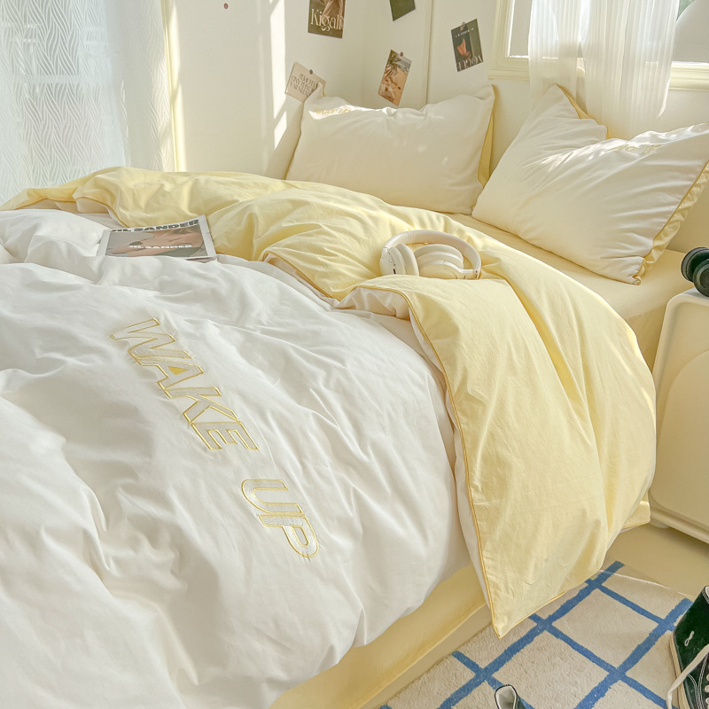 Bordado de cuatro piezas de algodón lavado 2024 nueva ropa de cama funda de edredón sábana dormitorio de estudiantes sábana de tres piezas 34