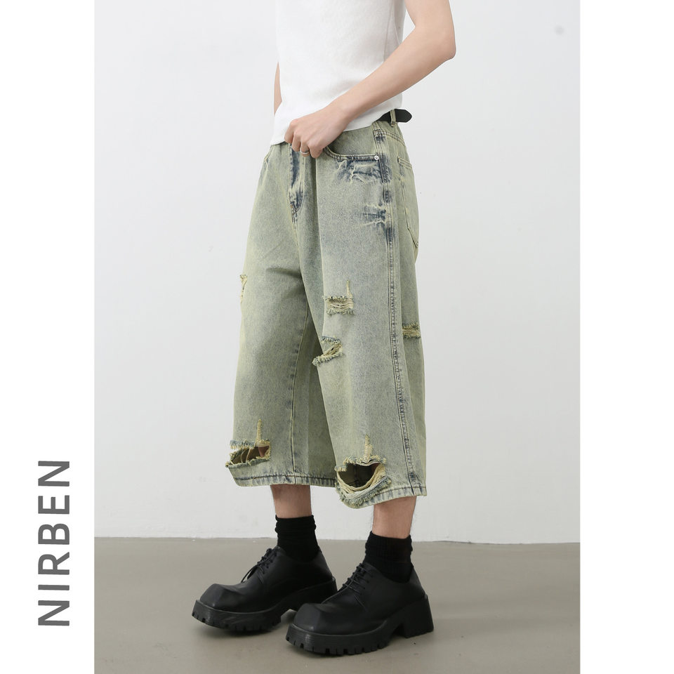 Quần short jean nam ống rộng ống thẳng dáng lửng rách nhẹ — Màu xanh lam