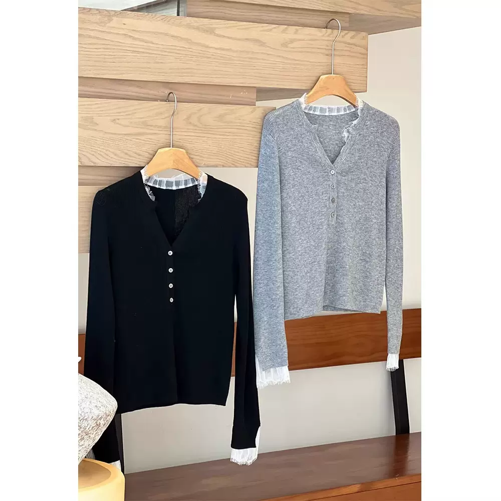 四媛 亨利领睫毛蕾丝针织衫2026春夏新款小V领长袖打底衫女1309