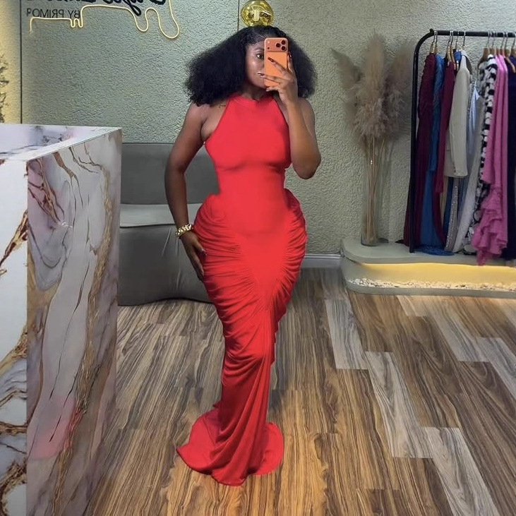 2025 European and American Fashion Backless Halterneck Sleeveless Patchwork Pleated Long Floor-Length Dress Women's Clothing