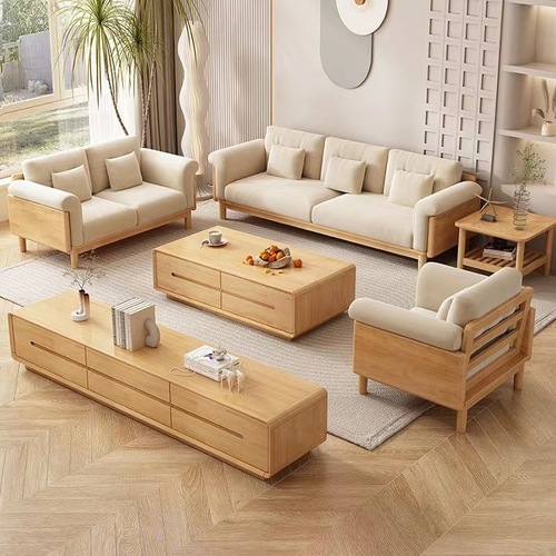 Nordic Cream Fabric Sofa for Modern Minimalist Small Home Living Room Furniture Set with Japanese Style Wooden Sofa