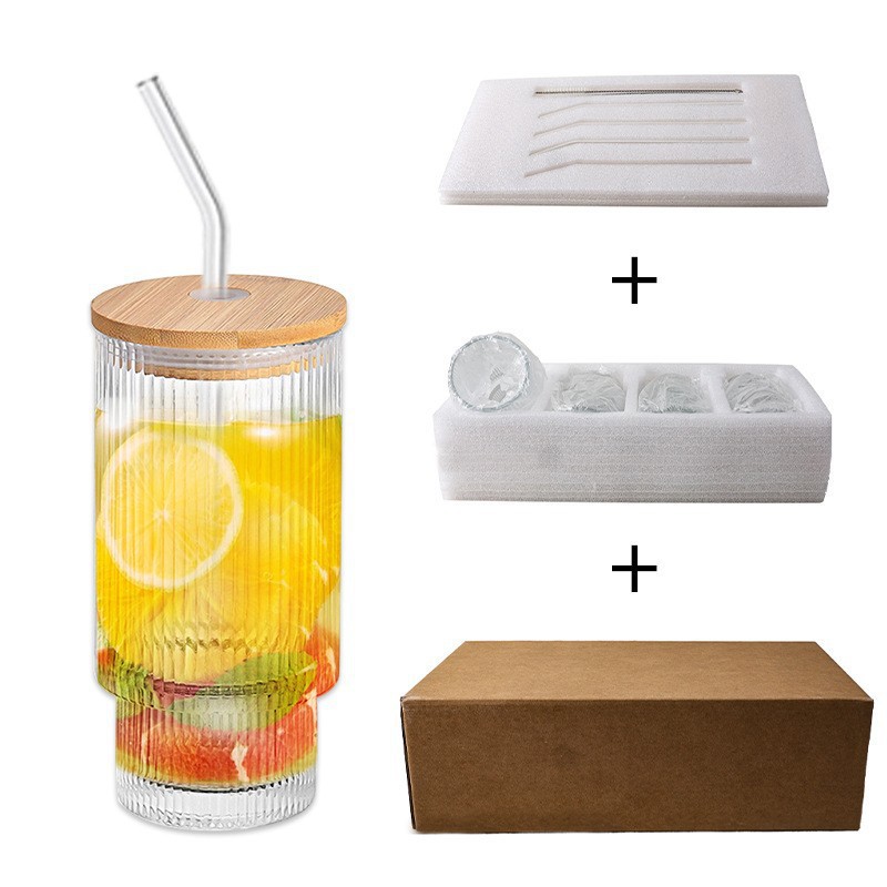 Taza de paja de vidrio vertical con cubierta de bambú taza de bebida fría taza de café doméstica de alto valor de cara en línea taza de jugo de frutas