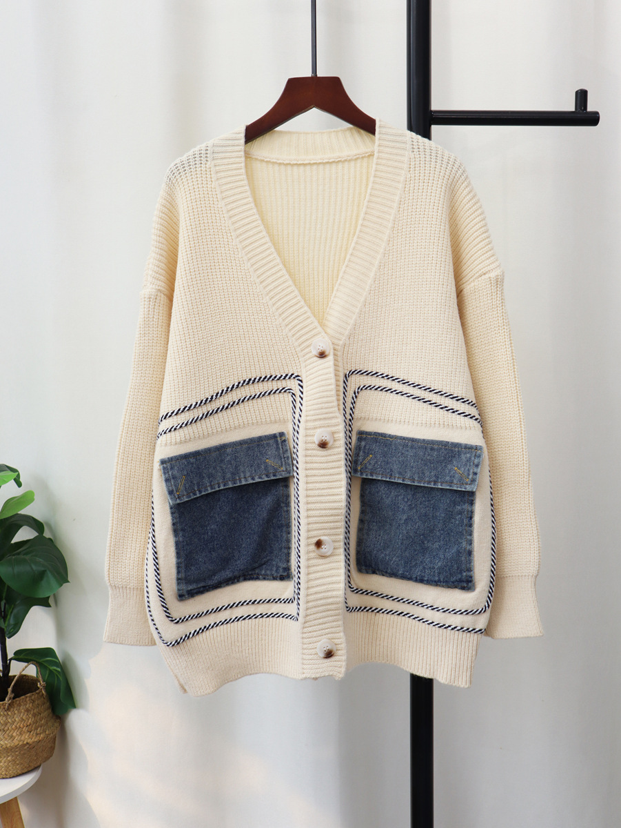 Suéter Cárdigan de Punto con Diseño Holgado y Estilo Coreano, Otoño/Invierno 2025, Chaqueta de Mezclilla con Parches para Mujer, a la Moda