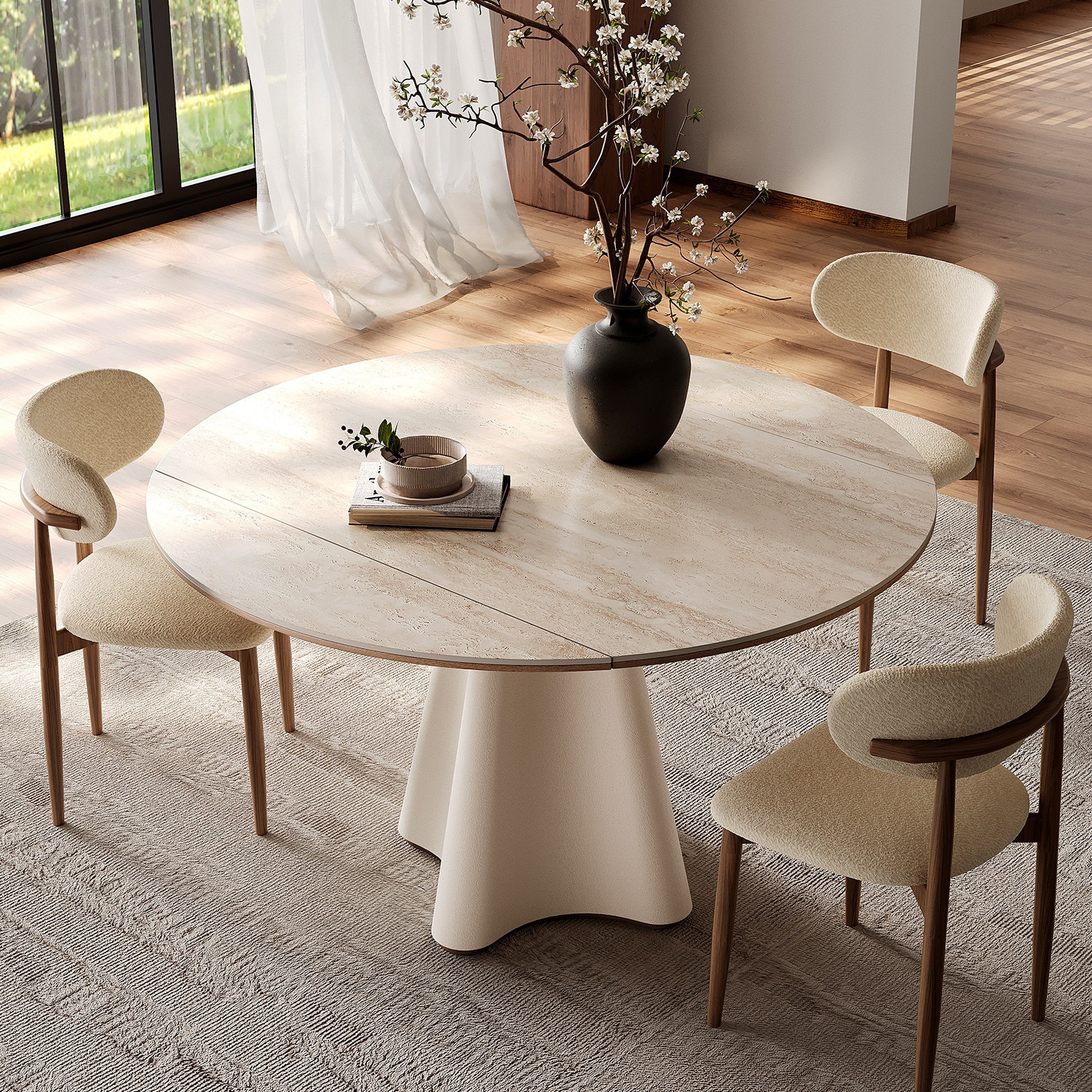 French Solid Wood Square and Round Dining Table for Home Restaurant Table Folding Dual-Purpose Travertine Foldable Functional Dining Table Wabi-Sabi Style