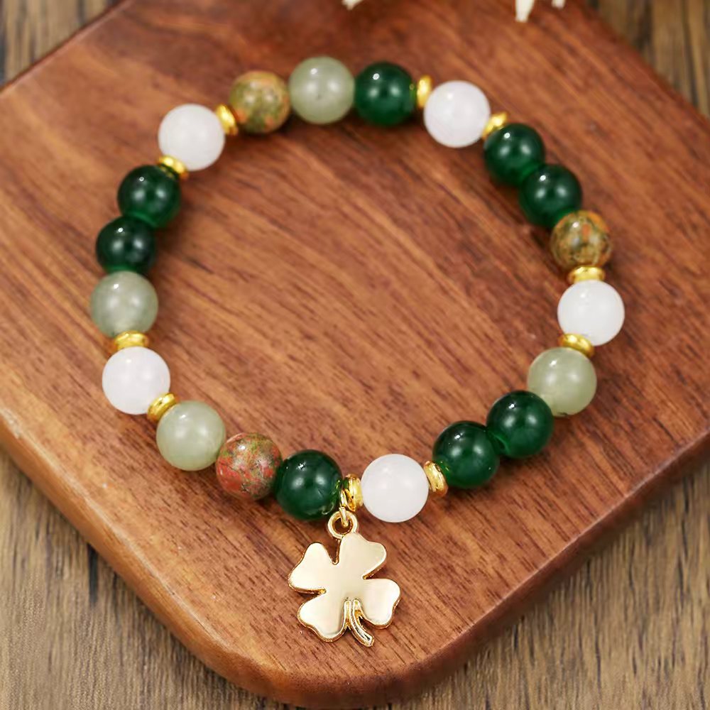 Cross-Border New Product European and American Retro Style Four-Leaf Clover Single Beaded Bracelet Handmade Beaded 8mm Natural Stone Bracelet for Women