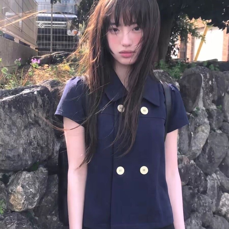 Japanese-Style Girl Doll Collar Double-Breasted Shirt for Women, 2026 Summer New Slim-Fit Versatile Sweet Top Japanese-Style Girl Doll Collar Double-Breasted Shirt for Women, 2026 Summer New Slim-Fit Versatile Sweet Top
