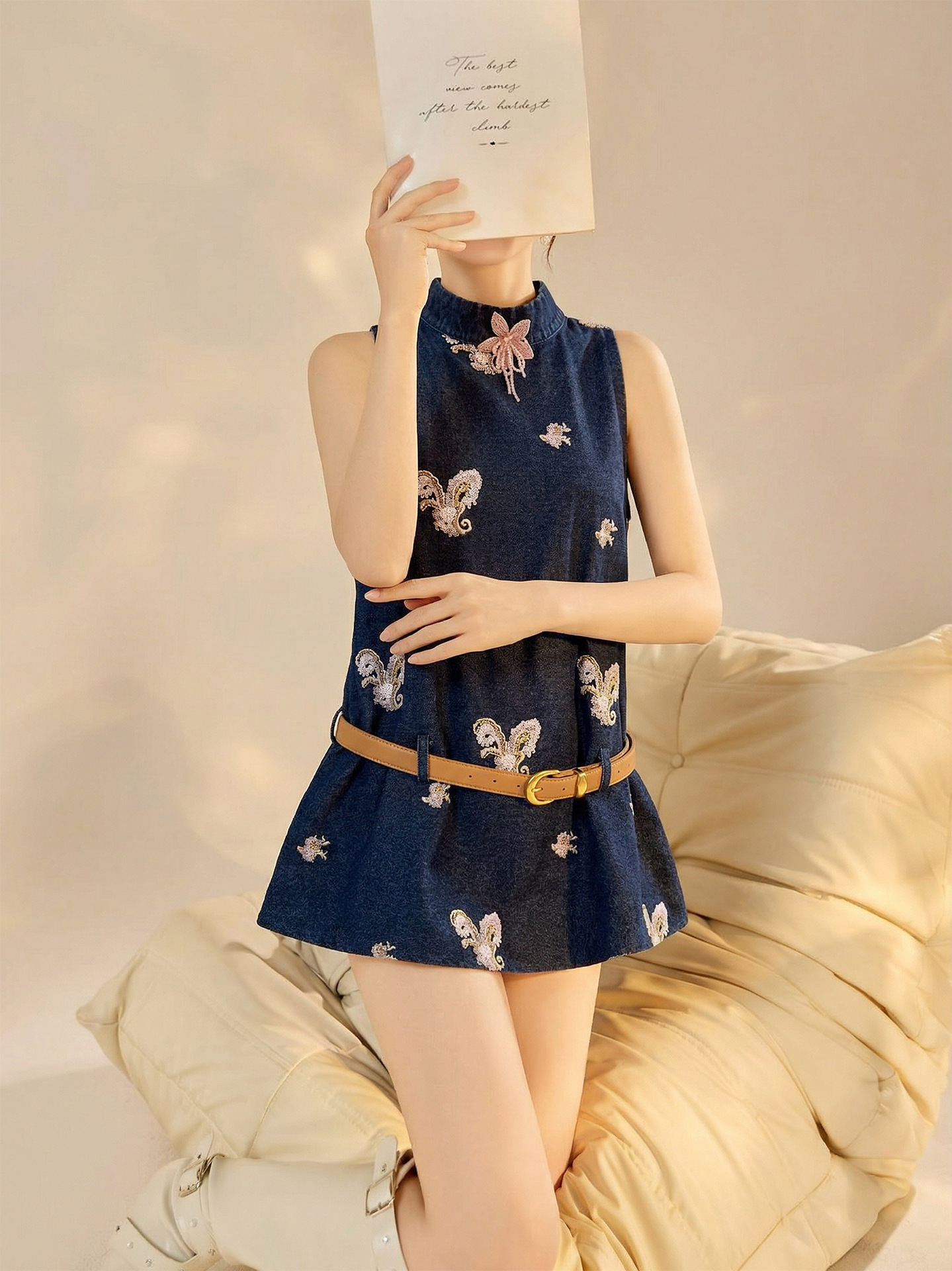 Bộ áo không tay và quần short denim phong cách Tân Trung Hoa mùa hè — bộ đồ, Trang chủ, quần đùi