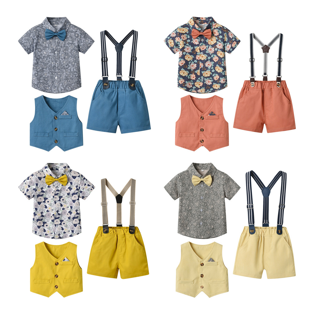 Trajes de niños transfronterizos de verano para niños retro arco camisa de flores chaleco pantalones de rendimiento vestido de tres piezas