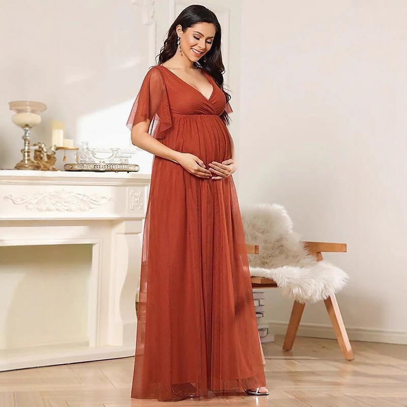 Evening Dress Maternity Cross-border Foreign Trade European and American V-neck Dress Evening Dress Long Short-sleeved V-neck Tulle Dress dress