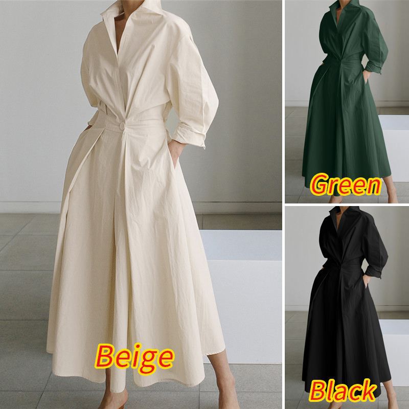 Women Autumn Sun Dress 2022 Elegant Shirt Dress Solid Color Long Sleeve Women Casual High Waist Robe