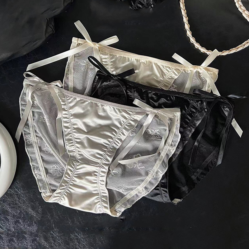 Silk Ribbon Textured Sexy Bow Lace Women's Underwear Mesh Hip Caution Translucent Briefs Silk Ribbon Textured Sexy Bow Lace Women's Underwear Mesh Hip Caution Translucent Briefs