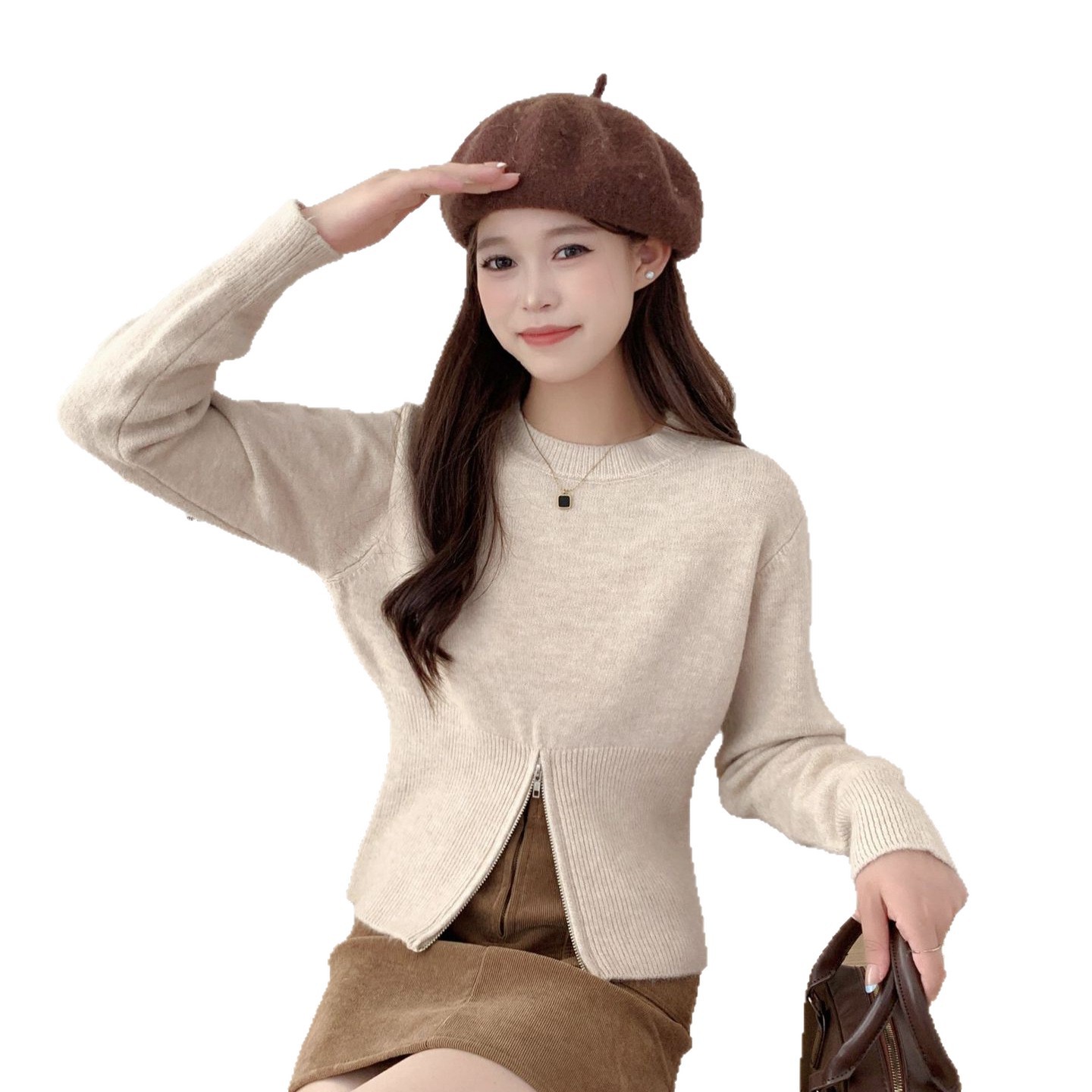 가을 겨울 신상 라운드 긴 소매 부드러운 찹쌀 밑단 트임 디자인감 작은 블