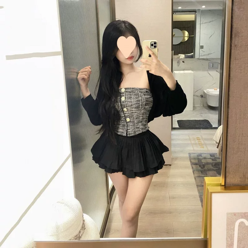 Короткий кардиган с длинным рукавом, летняя юбка, комплект, стиль Шанель