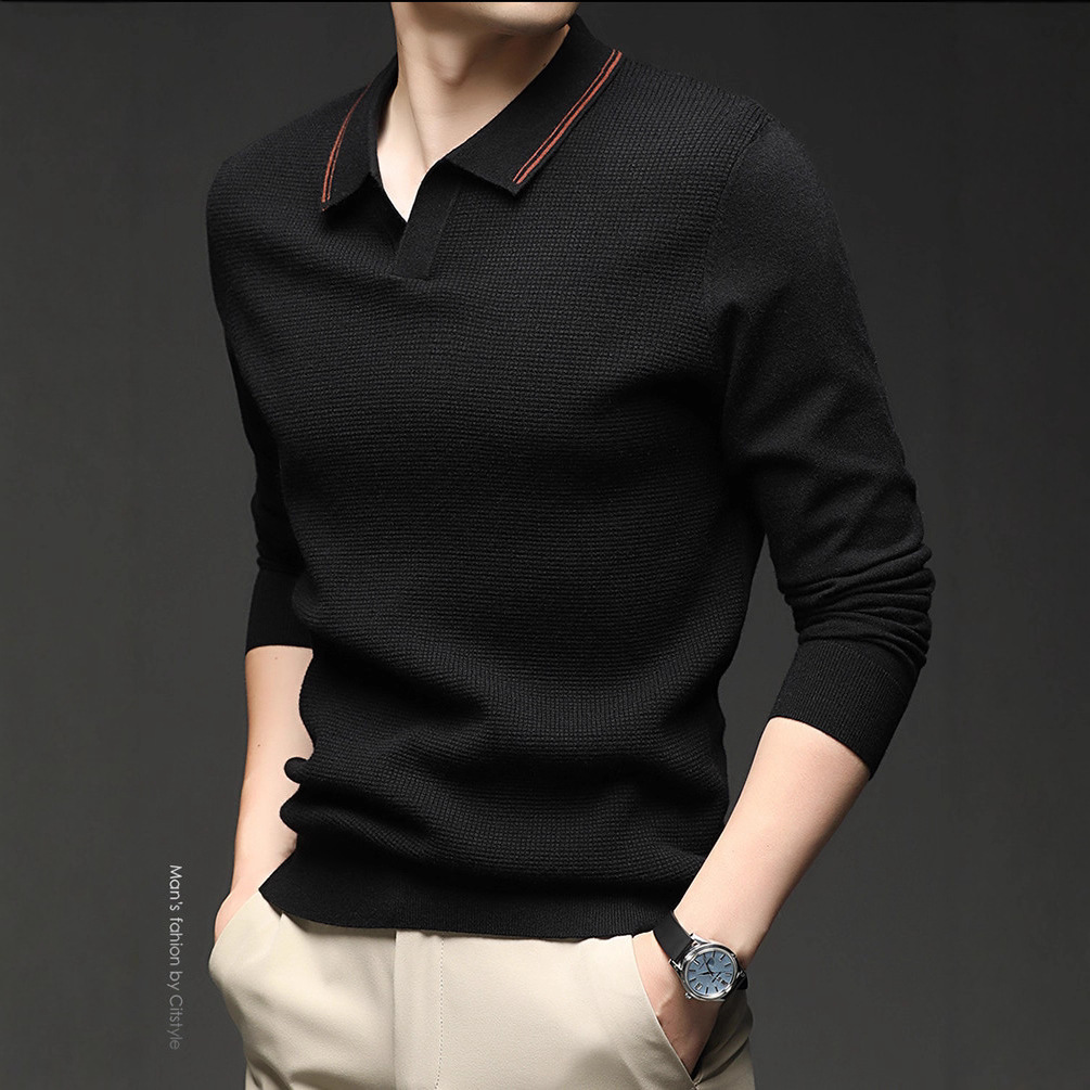 Camisas de punto de manga larga de tijeras de moda de hombre otoño y invierno con solapa simple chaqueta casual camiseta de base sólida suéter